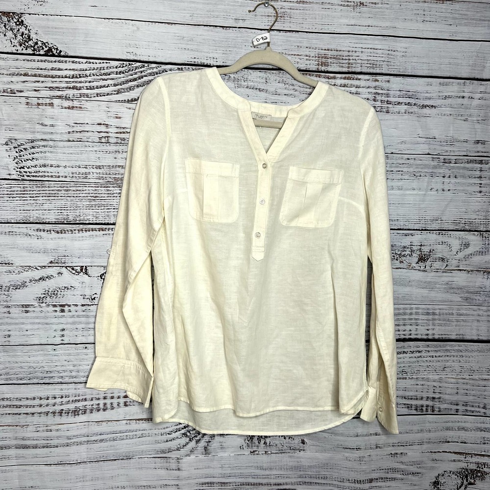 Talbots Cream Long Sleeve Tunic Top Linen Blend Pocket Blouse Medium P